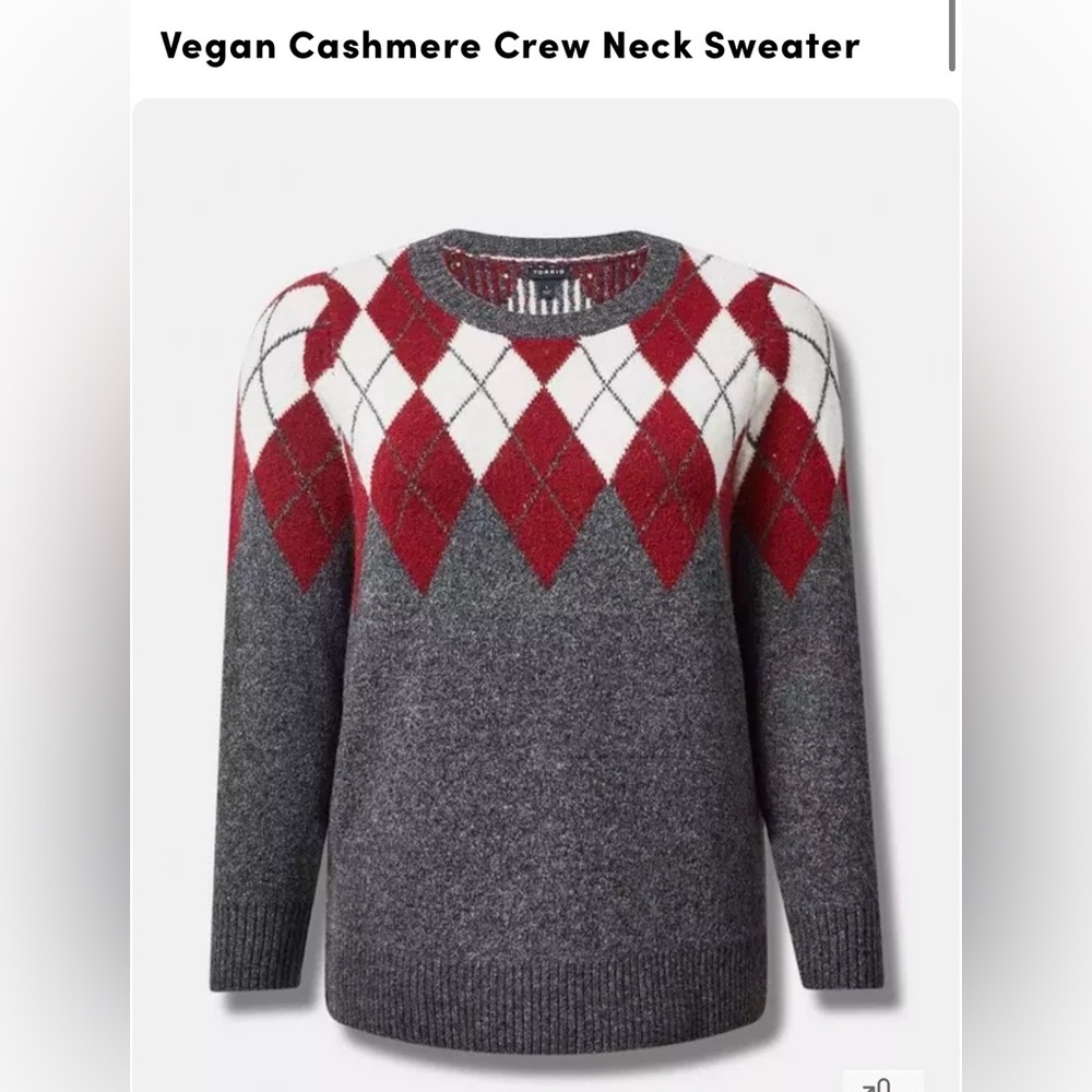 torrid Gray Argyle Crew Neck Sweater with Red & White Diamonds